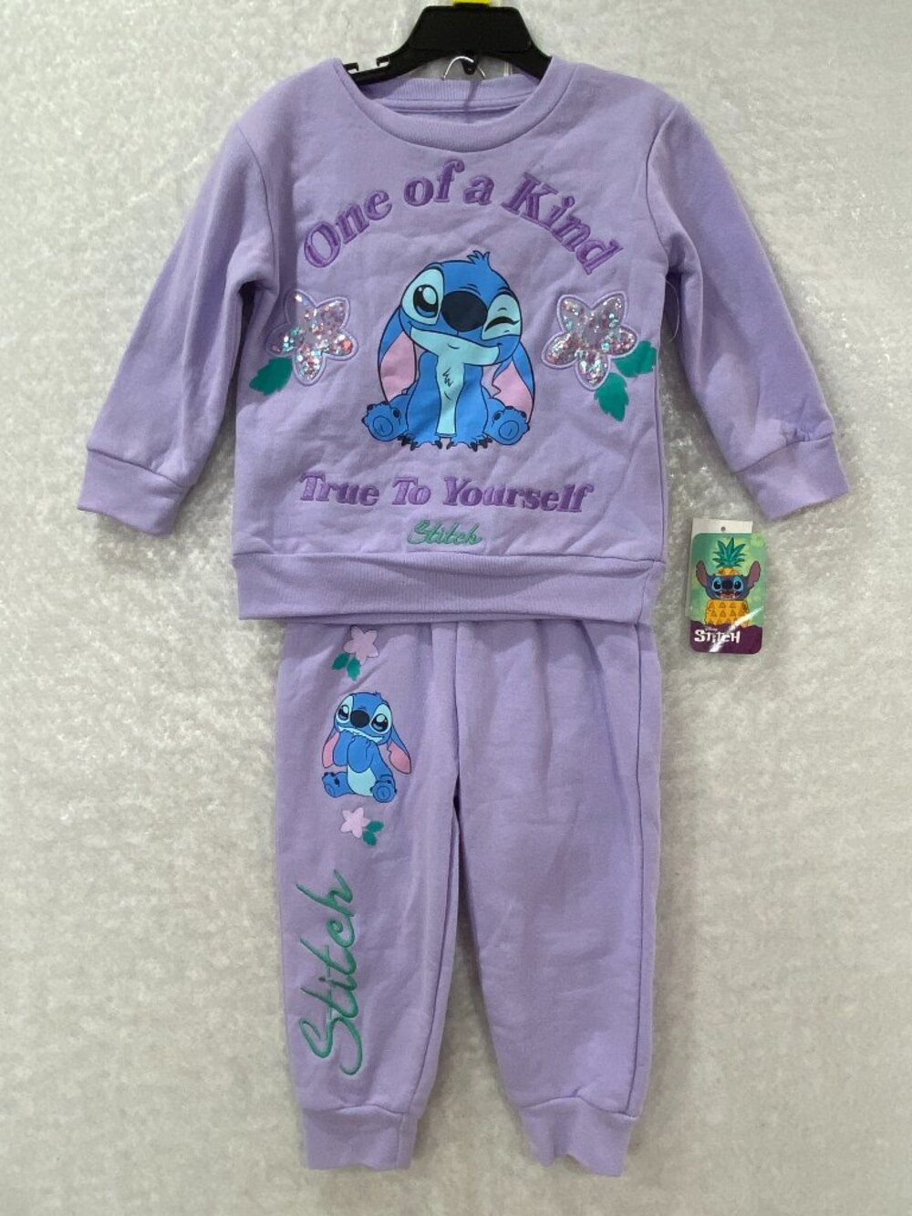 Disney Lilo & Stitch 2 pc Sweatshirt Pants Girls 3 Purple Embroidered Confetti